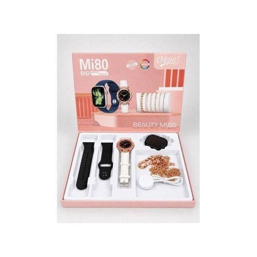 Mi80 Beauty Miss Smart Watch Gift Set – AMOLED Display, Fitness Tracker & Jewelry Set for Women - Peach