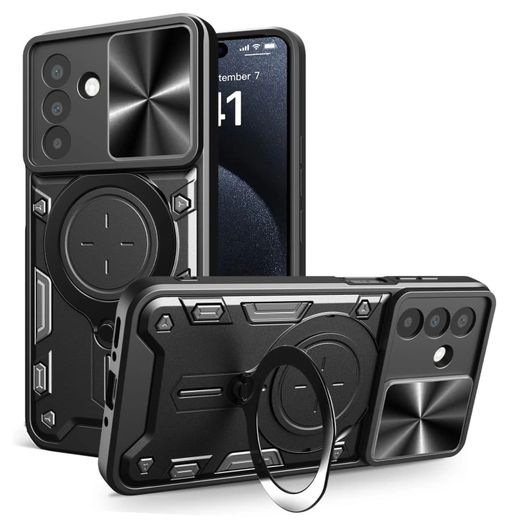 Generic Military-Grade Rotating Ring Stand Case for Samsung A26 5G – Shockproof Dual-Layer Cover with Sliding Camera Protector (Black)