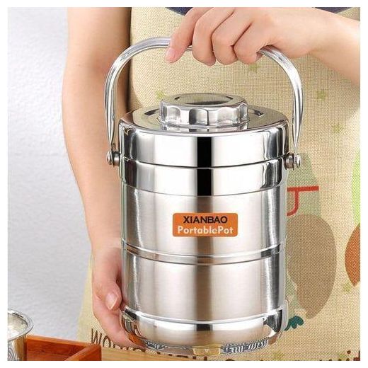 Generic Premium 1.4L Stainless Steel 3-in-1 Food Flask – Thermally Insulated Multi-Tier Lunchbox Carrier with Stackable Internal Bowls, Leak-Proof Twist Lid, and Heavy-Duty Folding Handle