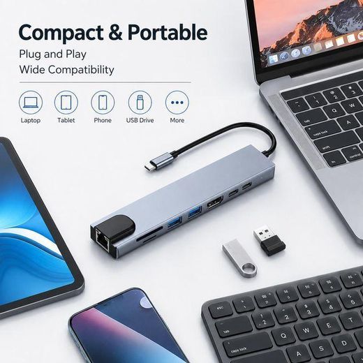 Generic USB C Hub 8 in 1 Aluminium Alloy Docking Station with HDMI USB 3.0 Ethernet SD TF and PD Charging Port - image 2