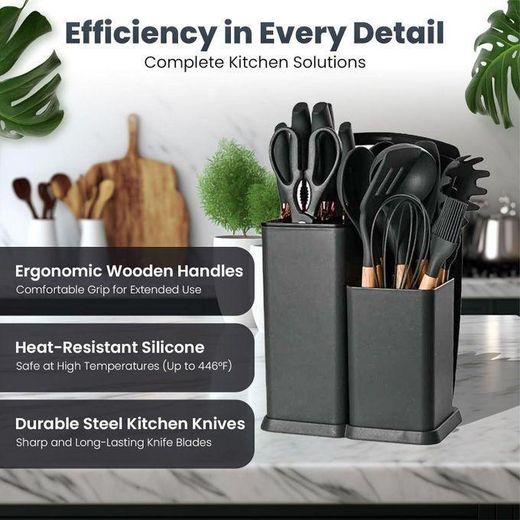 Generic 19 Pieces Kitchen Utensils And Knife Set With Block, With 9 Piece Silicone Cooking Utensils Set 5 Piece Sharp Stainless Steel Chef Knife Scissors Whisk Tongs And Cutting Board - image 3