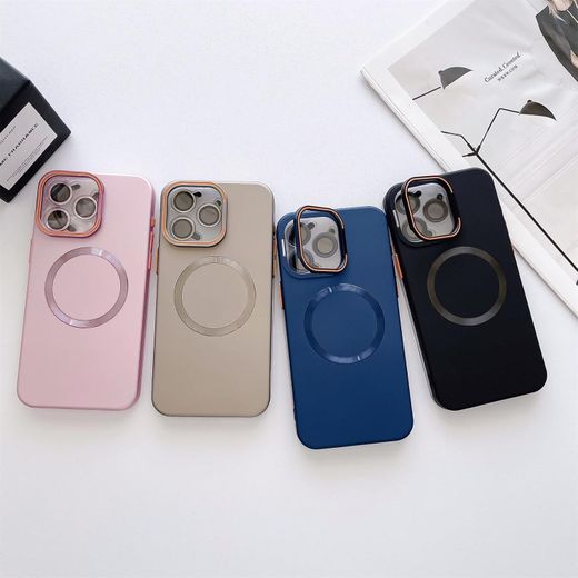 Generic Magnetic Stand Luxury Phone Case with Free Camera Lens Protector, MagSafe Magnetic Ring, Hybrid Protection, and Slim Transparent Design for iPhone 15 Pro Max - Light pink - image 3