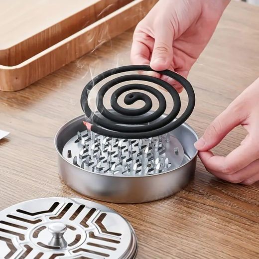 Generic Stainless Steel Mosquito Coil Holder Box with Hollow Lid & Integrated Ash Tray - Portable Fireproof Incense Burner - image 4