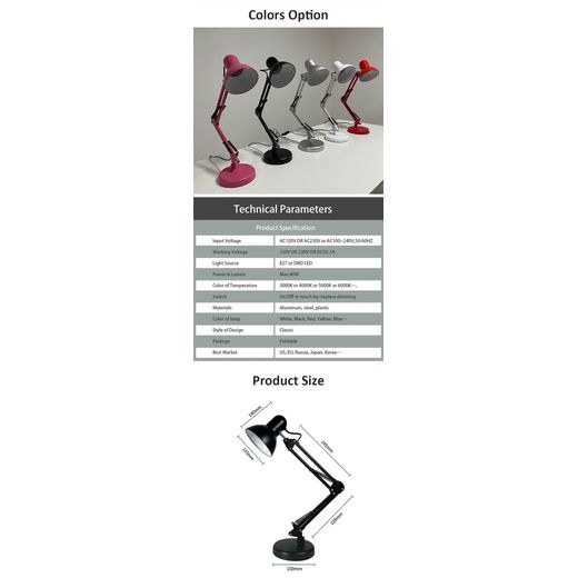 Generic Adjustable Architect Study Lamp E27 Clamp On LED Desk Study Lamp for Students - image 4