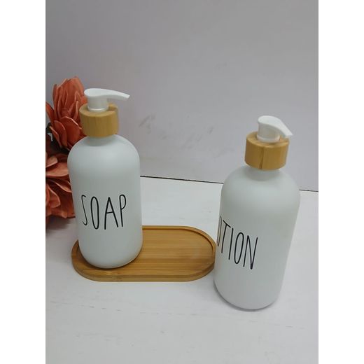 Generic 3 In 1 Refillable Soap Dispenser Set with Bamboo Base Dish Soap Lotion and Hand Wash Pump Bottles - image 2