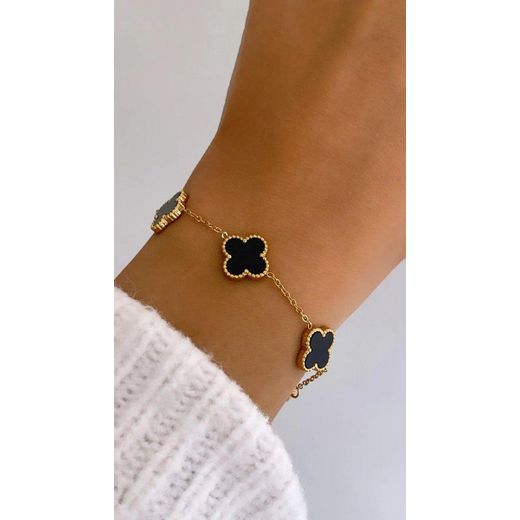 Fashion Black Clover Charm Bracelet. Gold Tone, Gift Box Included
