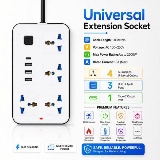 4-Way Universal Extension Socket with 3 USB & Type-C Port Heavy-Duty 1.8-Meters Power Strip - EX22-F White