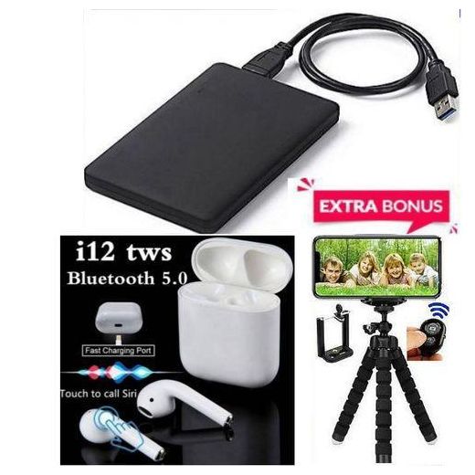 Original Laptop Desktop Hard Disk External Casing + BT Earpods Stereo, Tripod Stand