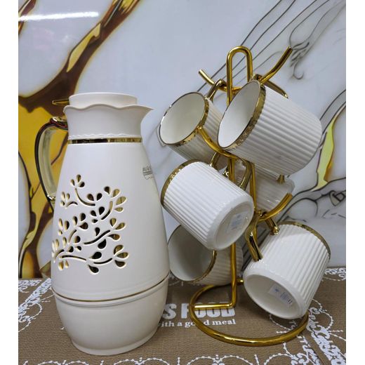 Generic BREAKFAST SET 6 white mugs with gold ring  1.9 liters liters flask - image 2