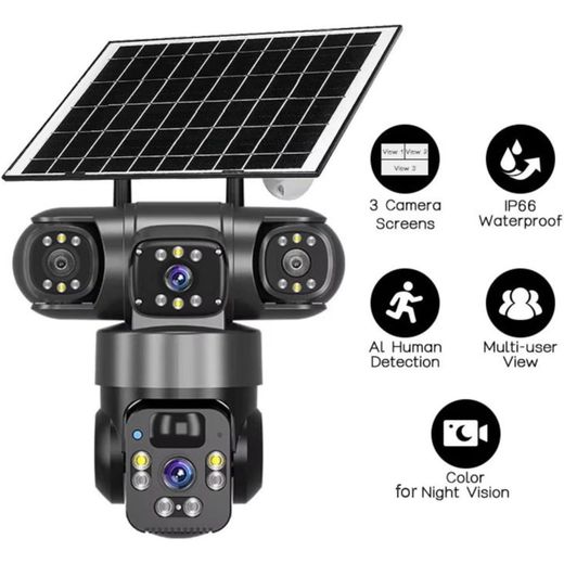 Generic  Wireless Solar Security Camera System 4K Three-Lens 360° PTZ 2.4G WiFi Color Night-Vision IP66 Weatherproof Motion Alerts Cloud TF Storage Two-Way Audio Outdoor CCTV(Black) - image 2