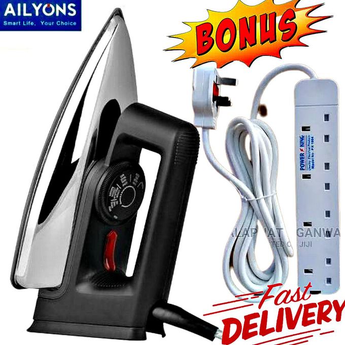 product_image_name-AILYONS-High Quality Electric Dry Iron Box 1000W With Titanium Teflon Non-Stick Soloplate / IronBox + FREE 4 Way Power Extension Cable Socket -1