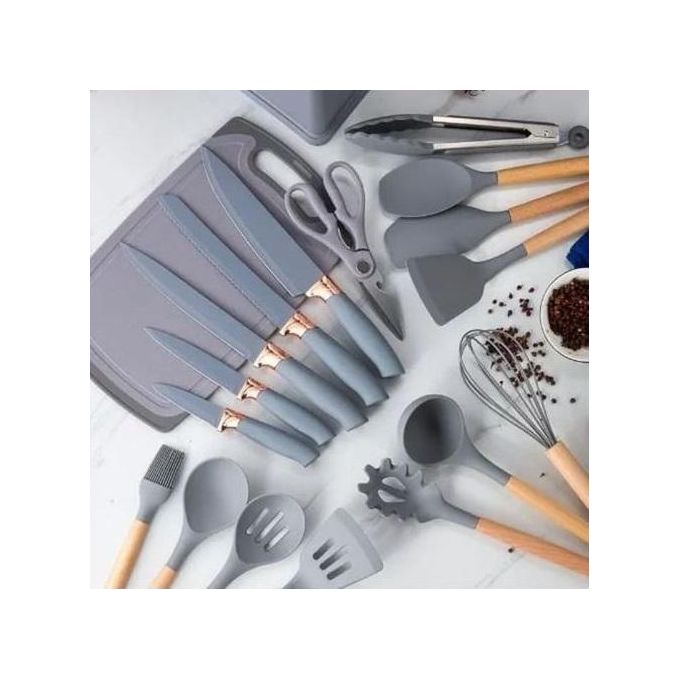 product_image_name-Generic-19PCs Set Of Silicone & Wood Spoon And Knife Set - Includes Chopping Board-1