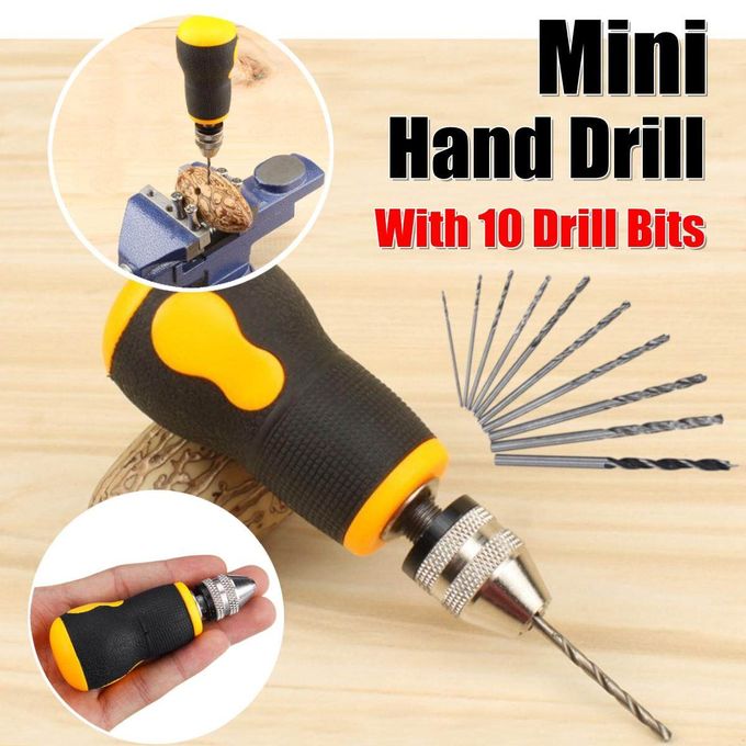 Mini Hand Drill + 10pcs 0.8-3.0mm Drill Bits Set Portable Hand