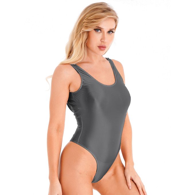 Women's Oil Glossy Sleeveless High Cut Thong Leotard Bodysuit