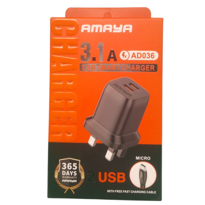 product_image_name-Amaya-3.1A 2 usb smart charger with free micro fast charging cable -1