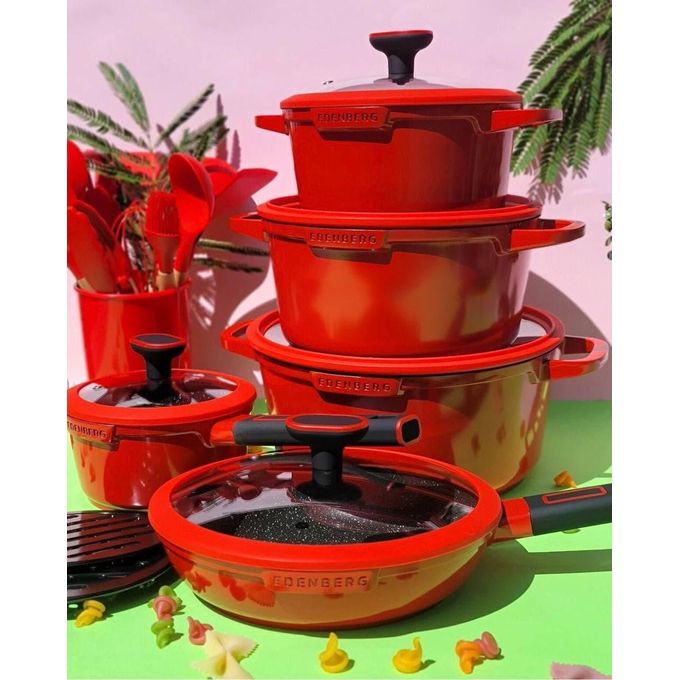 product_image_name-EDENBERG-12 Pcs Marble-Coated Cookware Set-Red-1