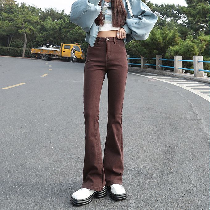 High waisted brown flare pants, Women's Fashion, Bottoms, Other Bottoms on  Carousell