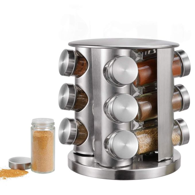 product_image_name-Generic-Rotating Spice Rack Organizer with 12 Jars - Revolving Standing Seasoning Tower with 12 Glass Bottles for Countertop Kitchen Cabinet, Stainless Steel, Silver-1