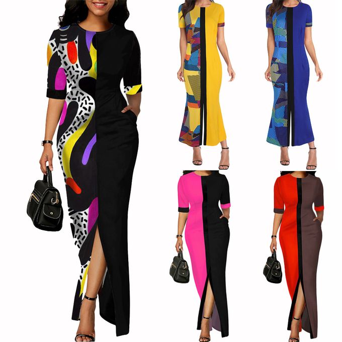 Fashion African Fashion Print Patchwork Dress Women Clothes Pocket Ladies  Bazin Nigerian Ankara Dress Split Long Robe Plus Size-Color2 @ Best Price  Online