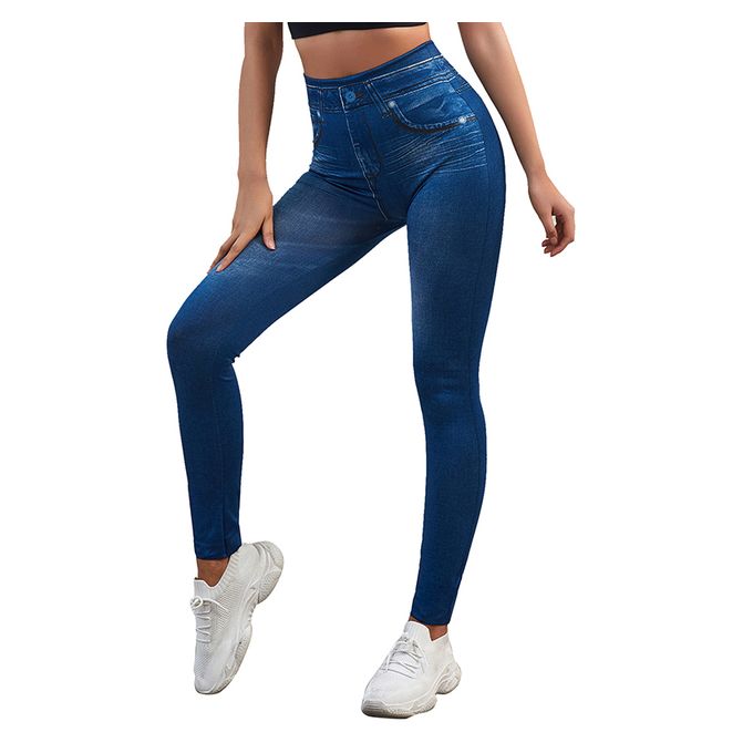 Women Cinturilla Faux Denim Jeans Leggings Long Pocket Printing