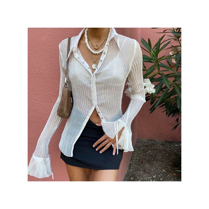Women's Y2K Button Down Shirt Blouses Solid Flare Sleeve Crop Top Vintage  E-Girl Streetwear : : Clothing, Shoes & Accessories
