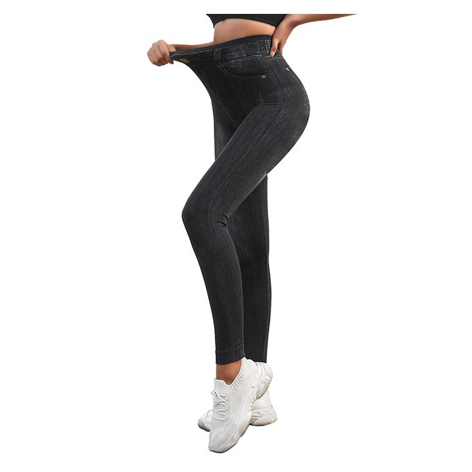 Generic Women Jeggings Faux Denim Jeans Leggings High Waisted Tummy Control  Slim Leggins Printed Pencil Pants Seamless Skinny Trousers(#Black) @ Best  Price Online