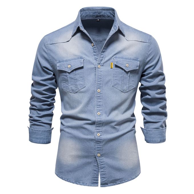 Fashion (Light Blue)Elastic Cotton Denim Shirt Men Long Sleeve Quality  Cowboy Shirts For Men Casual Slim Fit Mens Designer Clothing SMA @ Best  Price Online