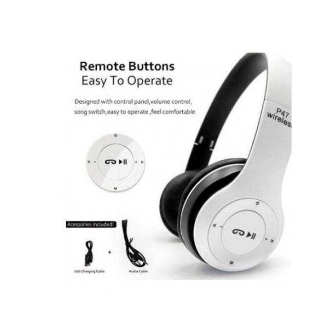 product_image_name-P47-Wireless Bluetooth Headphone Mic TF Card FM Radio - White-1