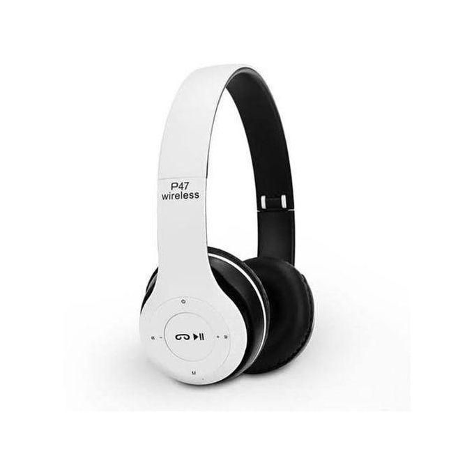 product_image_name-P47-Wireless Bluetooth Headphone Mic TF Card FM Radio - White-3