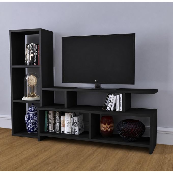 Generation Next Modern Black TV Stand with Bookshelf Storage Shelves – Entertainment Unit & Media Console