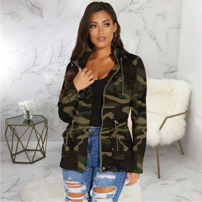 Women's Casual Camouflage Jacket With Pockets Sexy V Neck Long