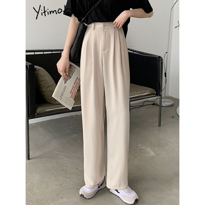 Fashion (Beige)Lucyever Summer Cotton Linen Pants Women High Waist Zipper  White Wide Leg Pants Woman Casual Loose Straight Full Trousers Female DOU @  Best Price Online | Jumia Egypt