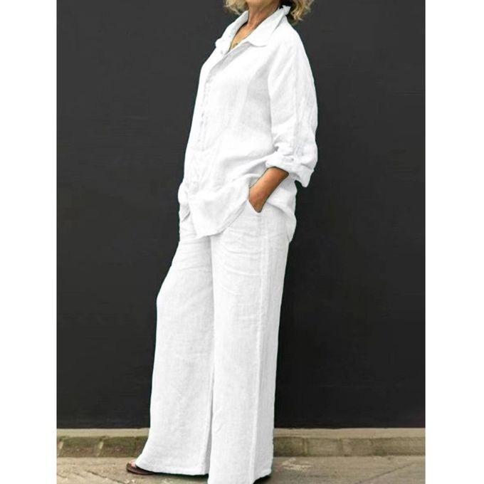(White)Cotton Linen Suits Women Elegant Solid Long Sleeve Shirts Wide Leg  Trousers Two Piece Sets Female Casual Straight Urban Sets XXA