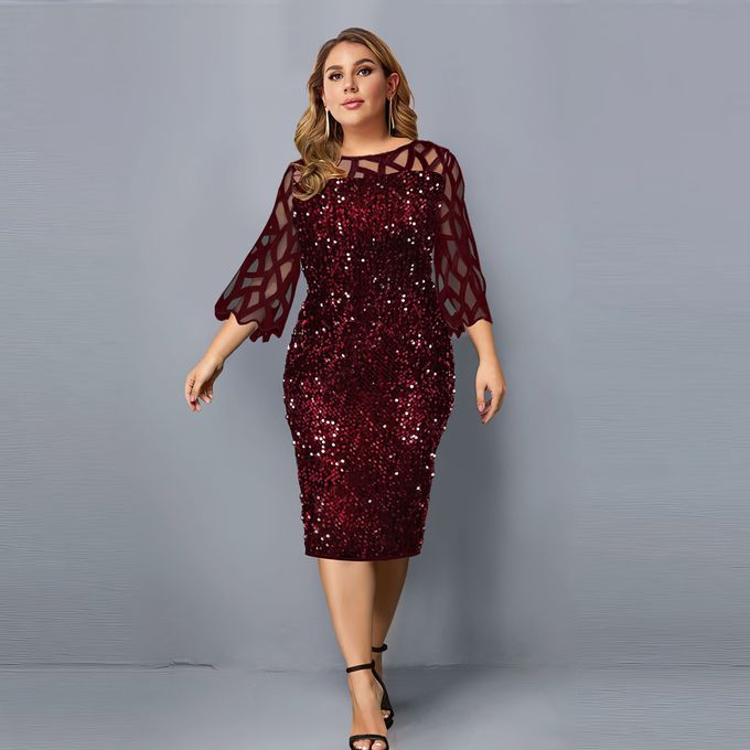 EQWLJWE Dresses For Womens Summer Plus Size Dress - Trendy Elegant Sequin  Lace 3/18 Sleeve Dress Sexy Ladies Bodycon Shapewear Slim Midi Dress 