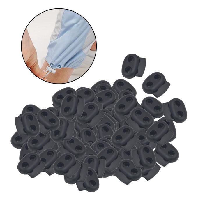 Double Hole Cord Lock/Slide Lock/Toggle/Paracord Spring Loaded Black Plastic (5mm Hole) 100 Pack