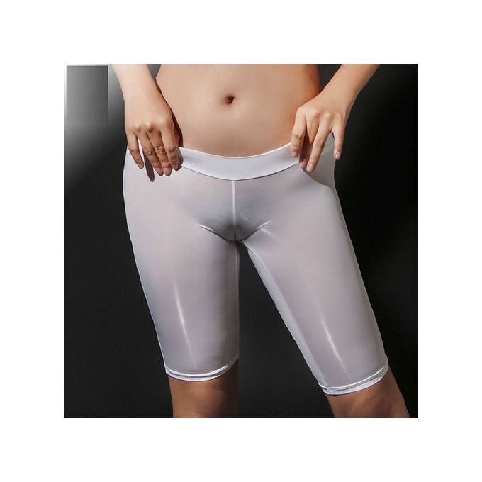 (White)Allure Women Shorts Leggings Ice Silk See Through Shiny Candy Color  Oil Gloss Low Rise Waist Push Up Tight Knee Yoga Pants DOU