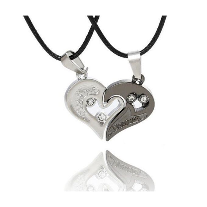 Fashion Heart Studded Pendant Couple Necklace- Silver+Black @ Best ...