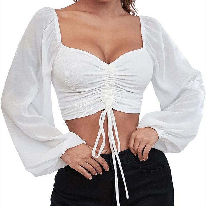 Shop Generic Women's Sexy V_neck Off_Shoulder Blouses Summer Drawstring  Bandage Long Sleeve Tops Ladies Korean Fashion Short Clothes(#Apricot Top)  Online