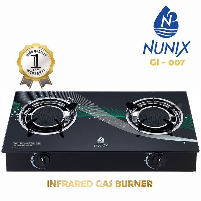 Nunix Quality Glass Top & Infrared Two Burner Gas Cooker Stove Best