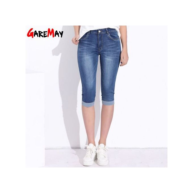 Plus Size Skinny Capris Jean Women Female Stretch Knee Length Denim Trouser  Shorts Pants Women High Waist Summer Jeans (Color : Blue, Size : 30)