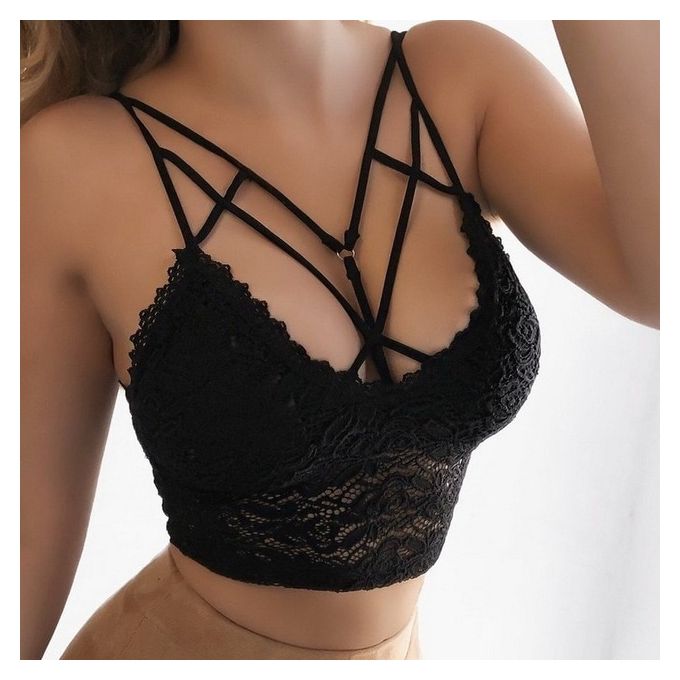 Women Lace Lingerie Bandage Elastic Strappy Bralette Corset Halter Push Up  Crop Top Bras Black 