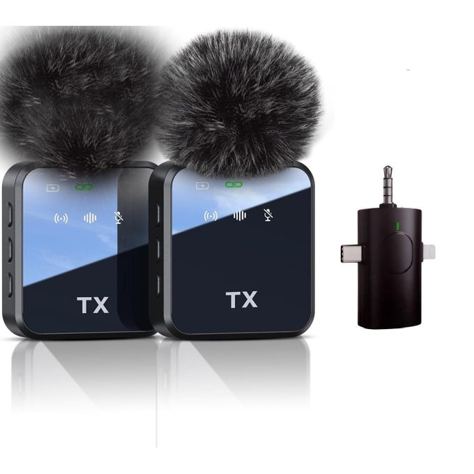 product_image_name-Wireless-F11-2 3-in-1 Wireles Microphone System – Dual Lavalier Mics With Universal Transmitter (Type-C/Lightning/3.5mm), Fluffy Windshields, And Receiver For Smartphones/Cameras-1