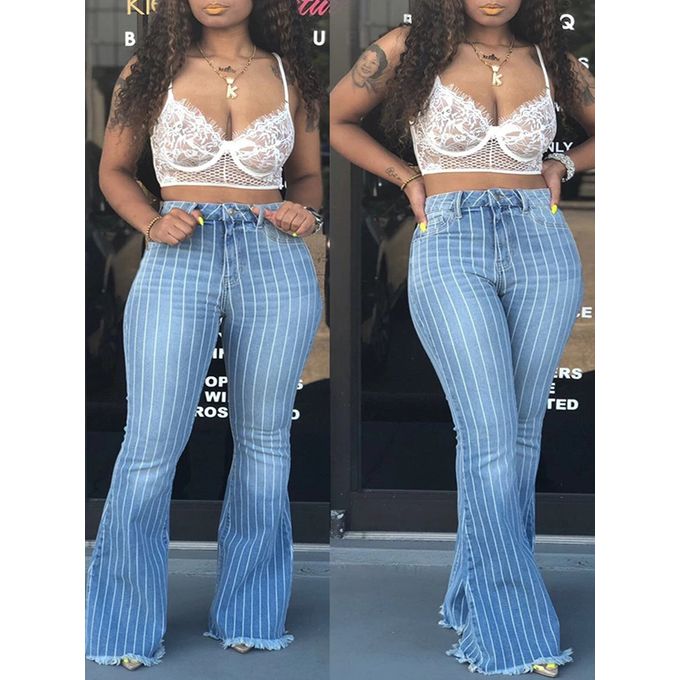 Striped Woman Flare Jeans Elastic Skinny Denim Wide-Leg Flare Pants Street  Hipster Ripped Trousers S-2XL Drop Shipping ACU