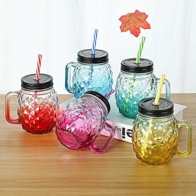 Pineapple-Shaped Mason Jar Mug Glasses with Handles, Straws & Lids