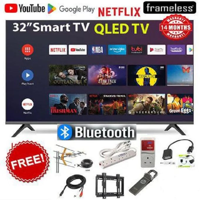 HTC3288QS, 32" INCH SMART ANDROID QLED HD TV,BLUETOOTH ENABLED,WIFI ENABLED,NETFLIX,YOUTUBE, ICAST FRAMELESS SCREEN-BLACK (1 YR WARRANTY) + 7 FREE GIFTS