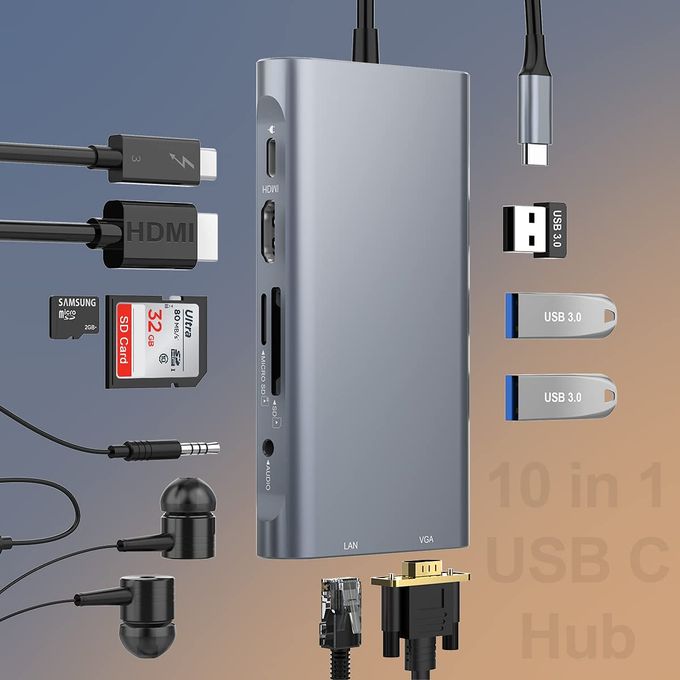 HUB 10 in 1 - USB-C, Audio, LAN, HDMI, VGA, SD, Micro SD, 3x USB