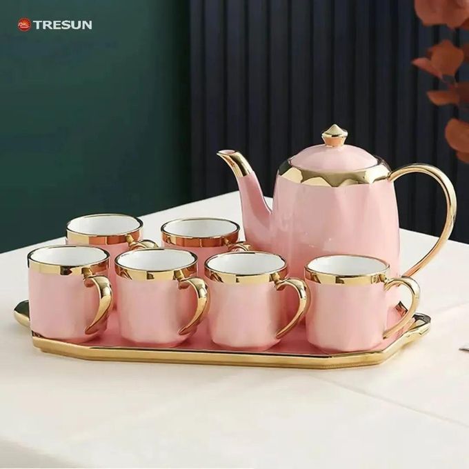 Generic Porcelain Coffee Cup Set with Tray - Gold Rim