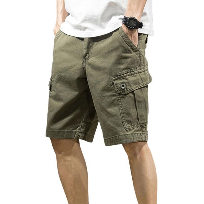 Fashion (Green)Multi Pockets Button Flying Summer Shorts Mid Rise Solid  Color Straight Cargo Shorts Streetwear WEF @ Best Price Online