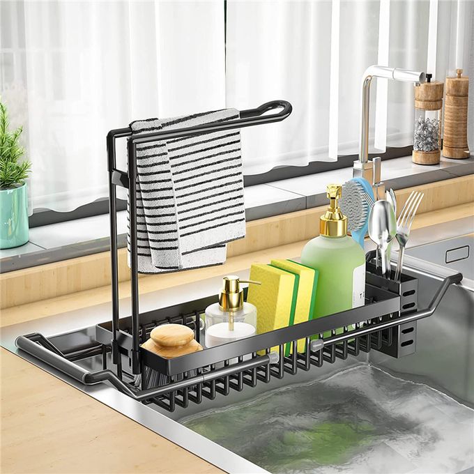 Sponge Holder for Kitchen Sink, Sink Caddy, Expandable (16.7-21.2)  Kitchen Sink Organizer with Dishcloth Towel Holder, Stainless Steel Over  Sink