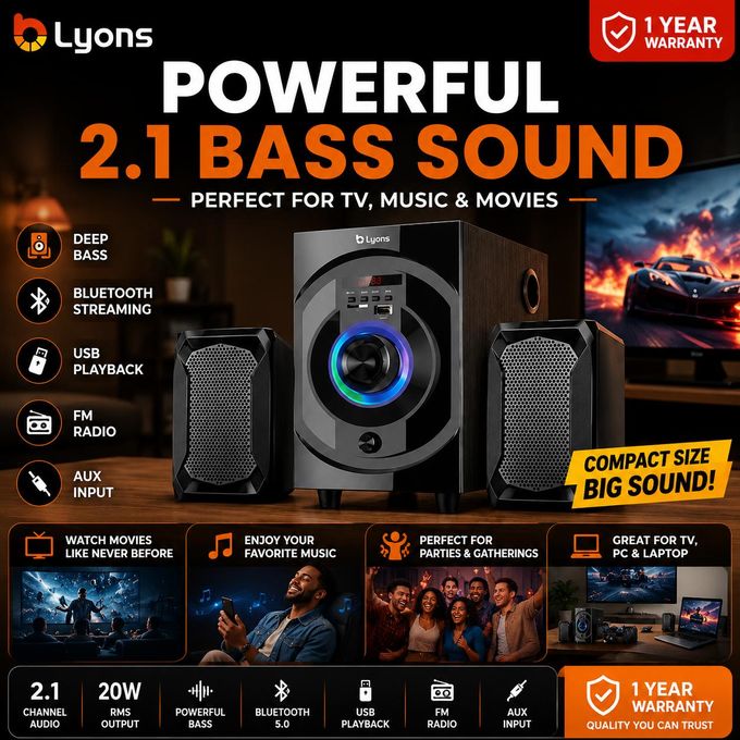 Lyons LYS2401 2.1CH Multimedia Speaker System Home Theatrer SubWoofer with BT (1YR WRTY)